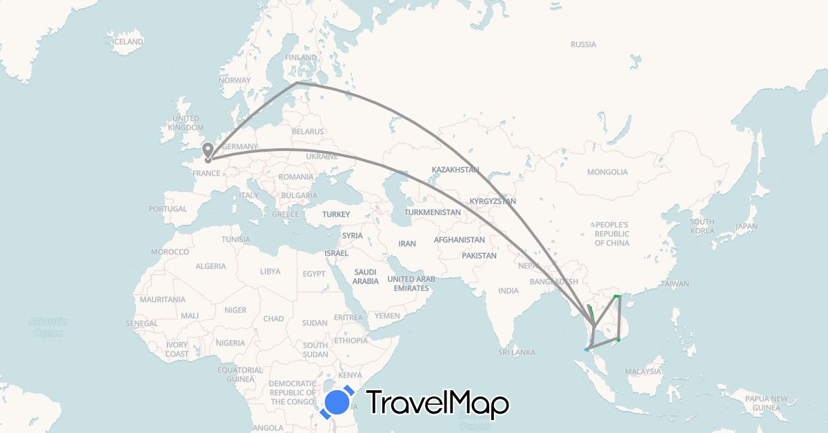 TravelMap itinerary: bus, plane, boat in Finland, France, Thailand, Vietnam (Asia, Europe)